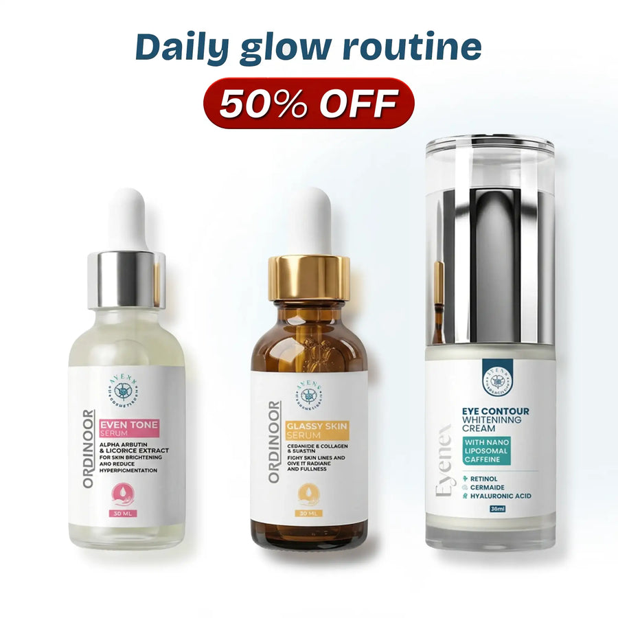 Daily glow routine (Glassy skin serum  for AM +Even tone serum for  PM + Eyenex cream)